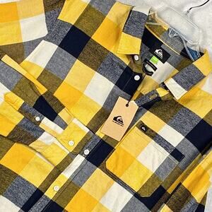 Quiksilver Plaid Flannel Shirt Mens M Yellow Black Y2K 90s Grunge SoCal Skater